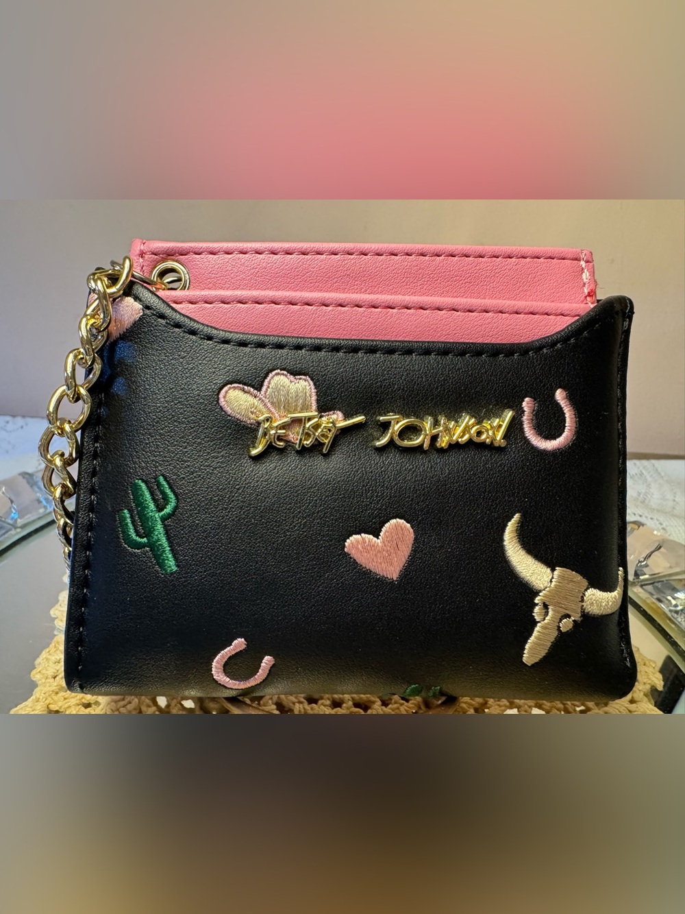 Betsey Johnson Black and Pink Embroidered Cardholder Crossbody